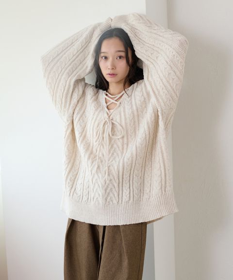 apres jour clair 2WAY蕾絲綁帶麻花編織上衣_14