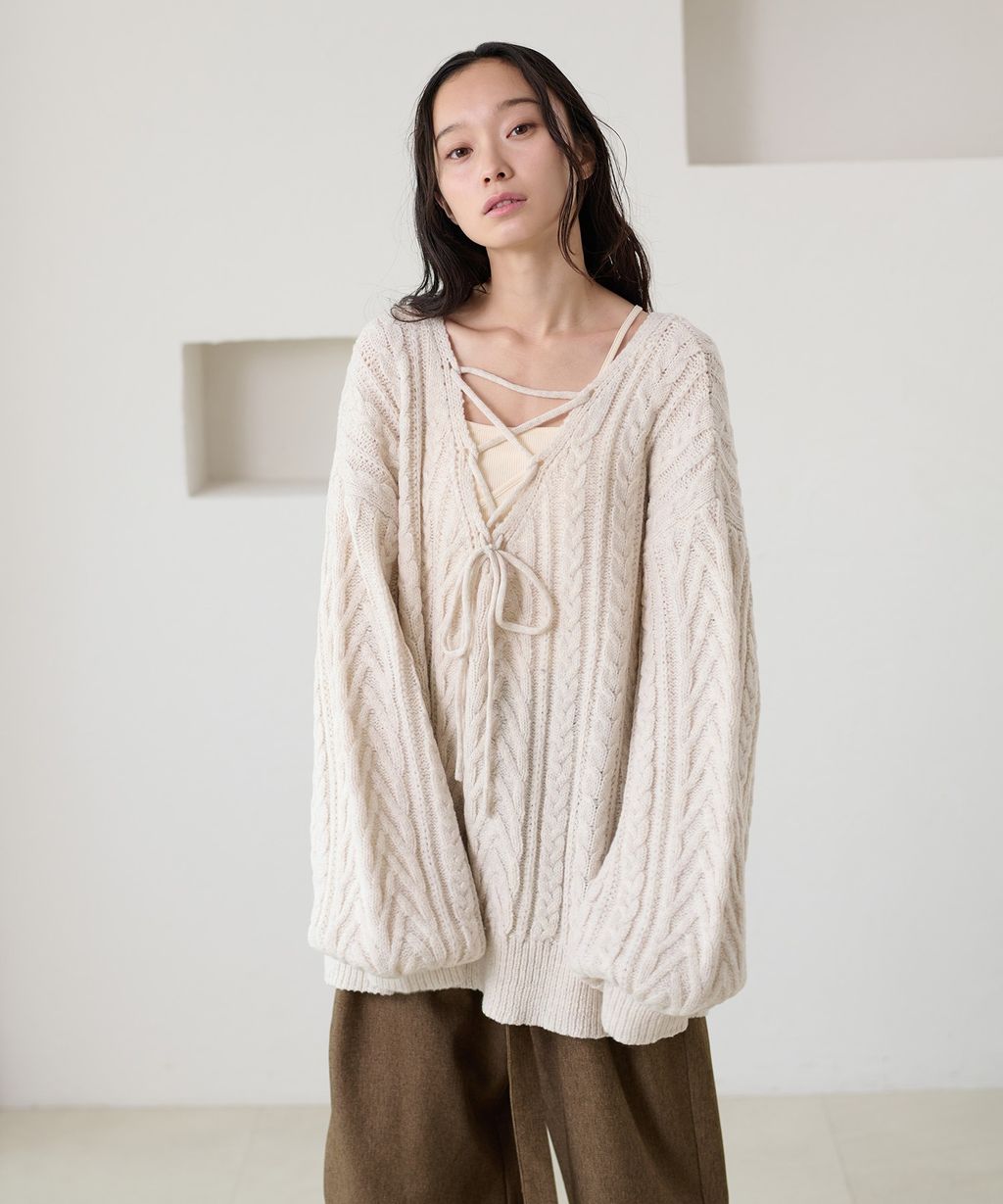 apres jour clair 2WAY蕾絲綁帶麻花編織上衣_13