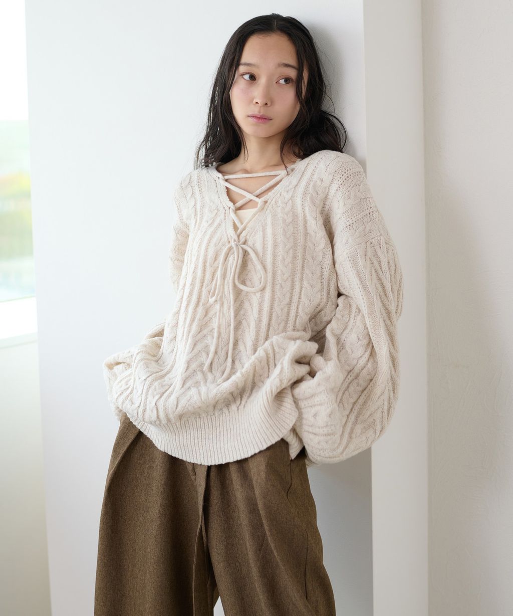 apres jour clair 2WAY蕾絲綁帶麻花編織上衣_16