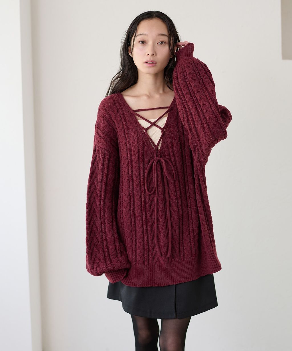 apres jour clair 2WAY蕾絲綁帶麻花編織上衣_47