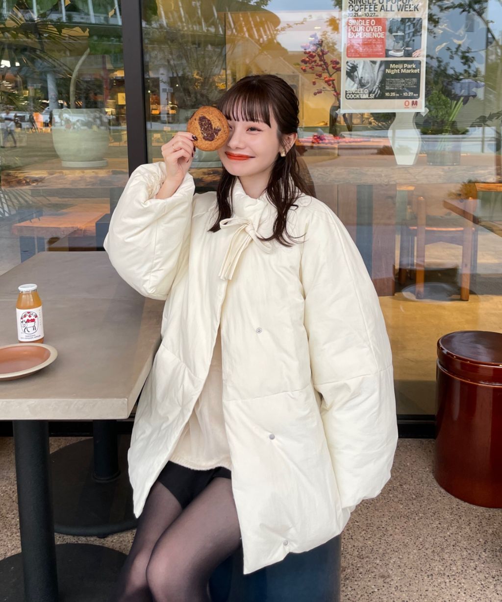 hinari 中綿蝴蝶結綁帶中長版保暖防風外套_85