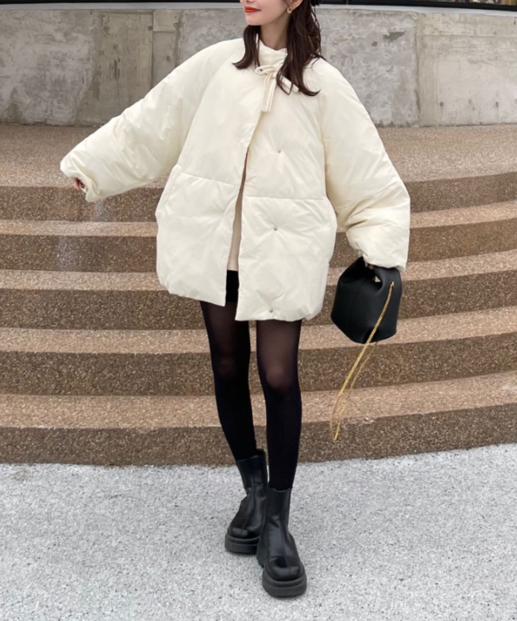 hinari 中綿蝴蝶結綁帶中長版保暖防風外套_83