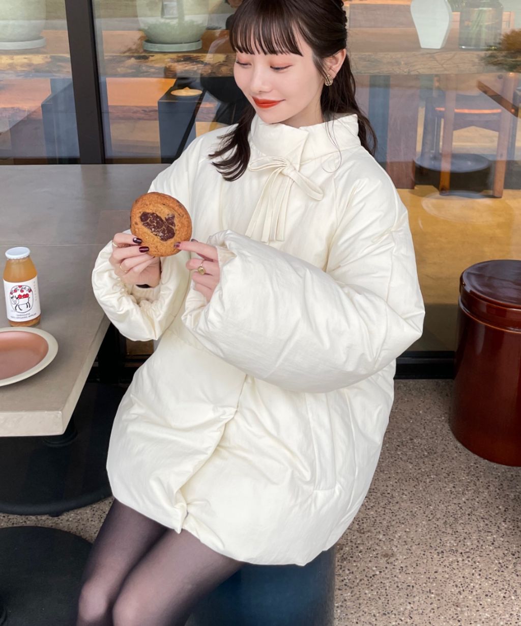 hinari 中綿蝴蝶結綁帶中長版保暖防風外套_82