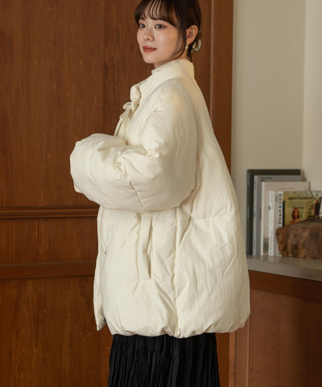 hinari 中綿蝴蝶結綁帶中長版保暖防風外套_71