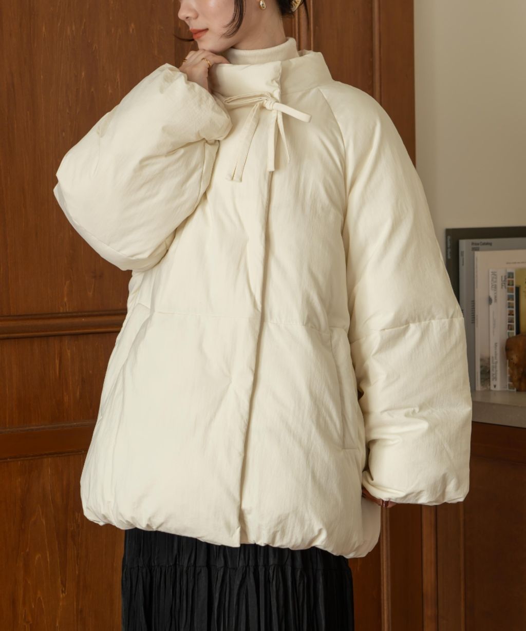 hinari 中綿蝴蝶結綁帶中長版保暖防風外套_46