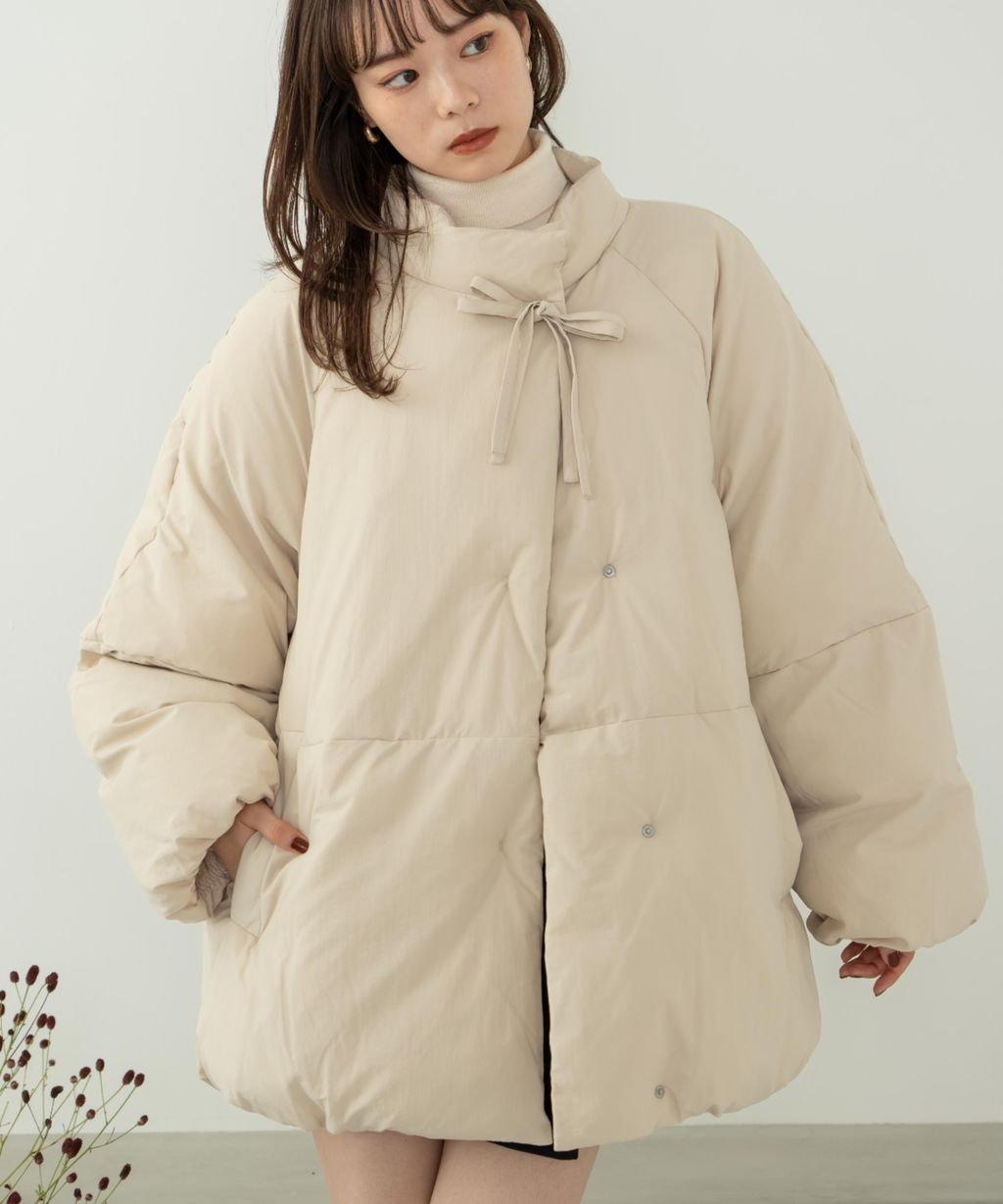 hinari 中綿蝴蝶結綁帶中長版保暖防風外套_34