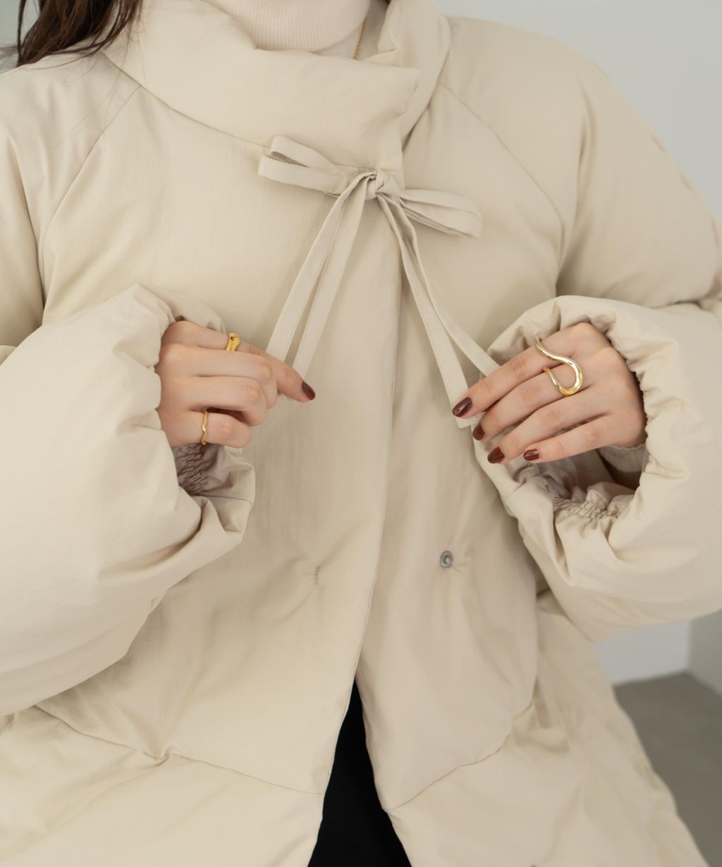 hinari 中綿蝴蝶結綁帶中長版保暖防風外套_35