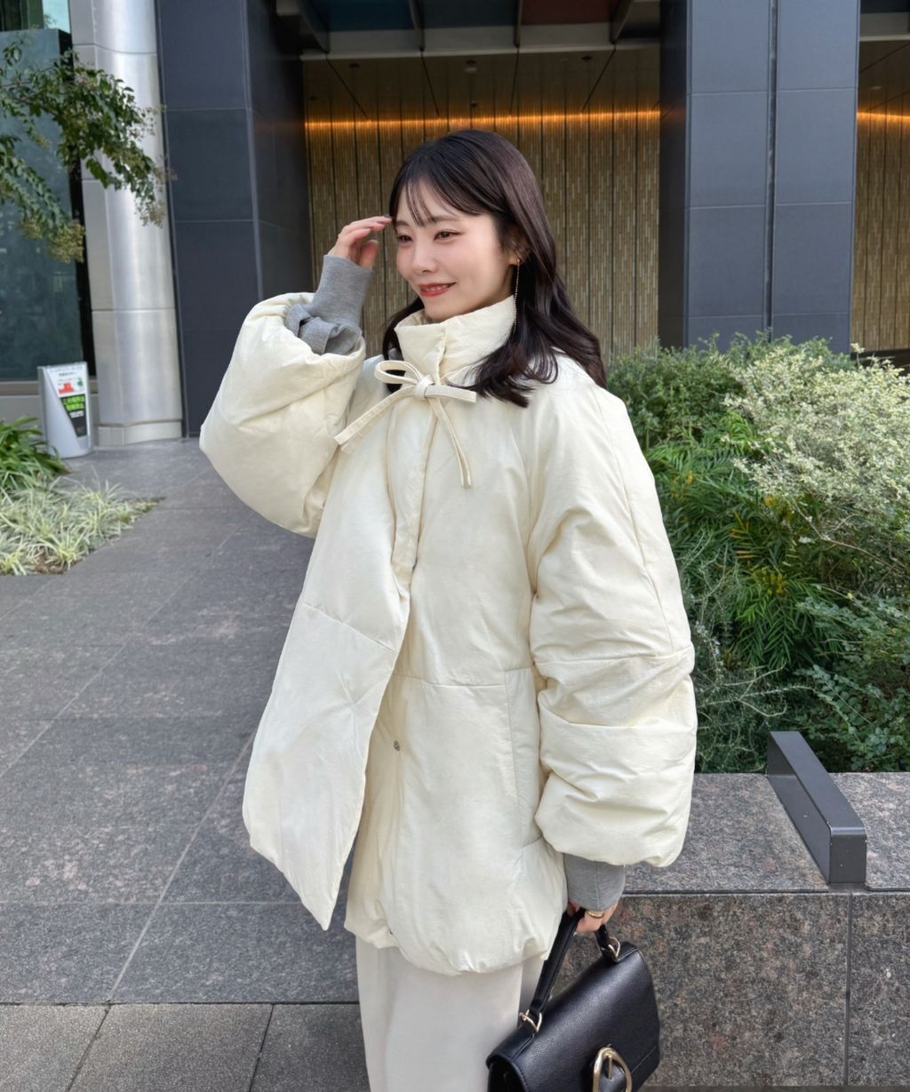 hinari 中綿蝴蝶結綁帶中長版保暖防風外套_16