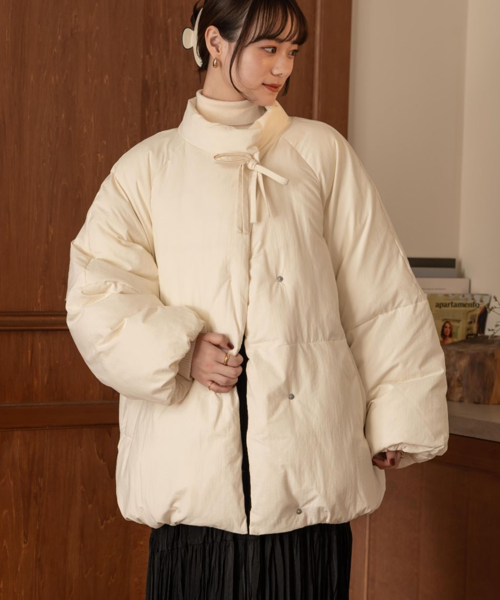 hinari 中綿蝴蝶結綁帶中長版保暖防風外套_28