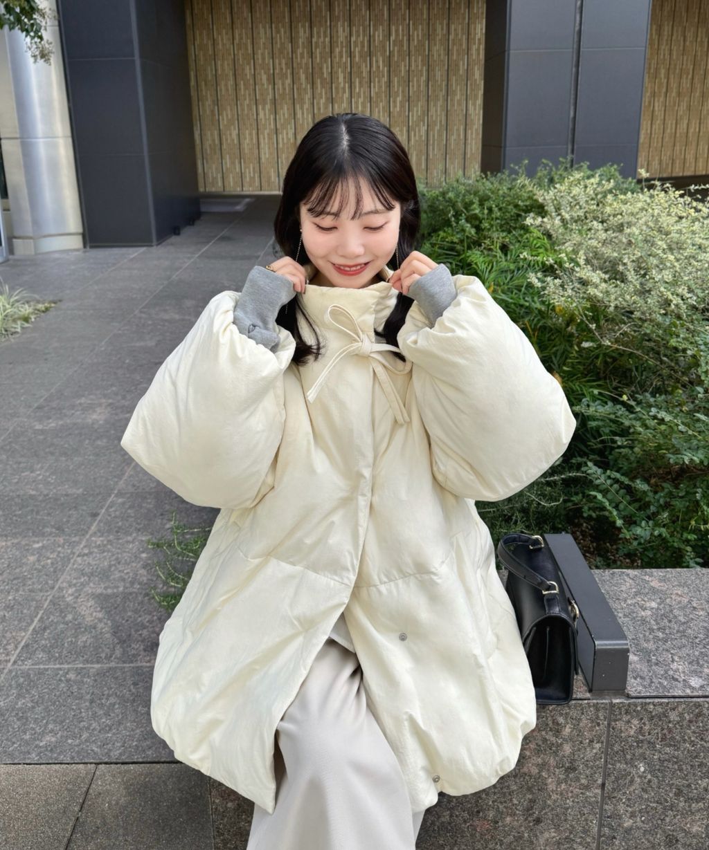 hinari 中綿蝴蝶結綁帶中長版保暖防風外套_18