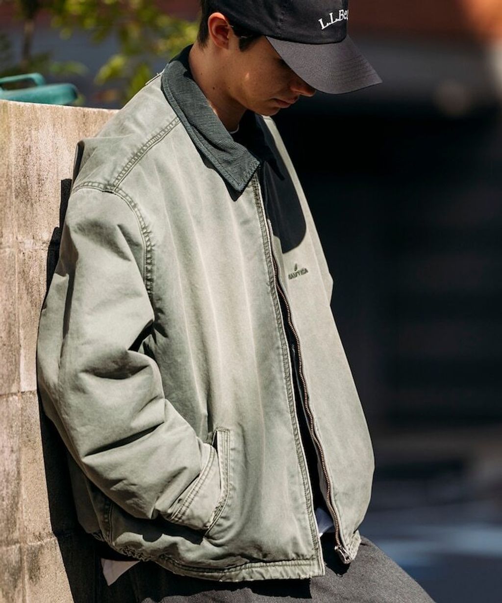 NAUTICA 中綿水染復古刷舊卡其布拉鍊飛行工裝感外套_3