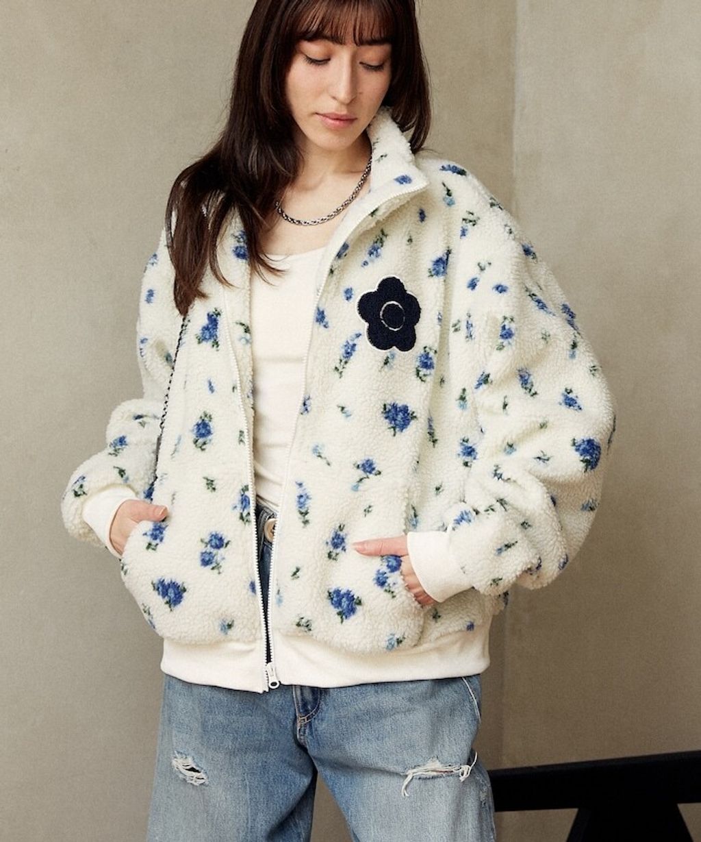 MARY QUANT 花卉印花蓬鬆保暖羊羔絨外套_13