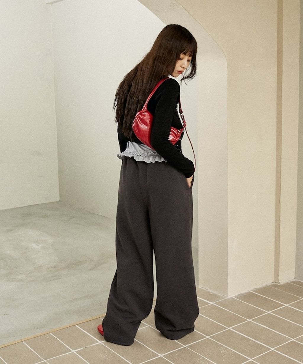 MARY QUANT 小花刺繡褲管抽繩寬版刷毛休閒棉褲_16