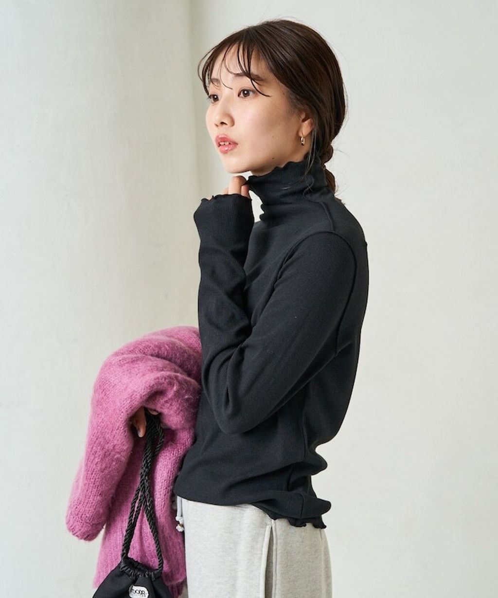 FREAKS STORE 吸濕發熱抗菌防臭羅紋捲邊高領長袖上衣_46