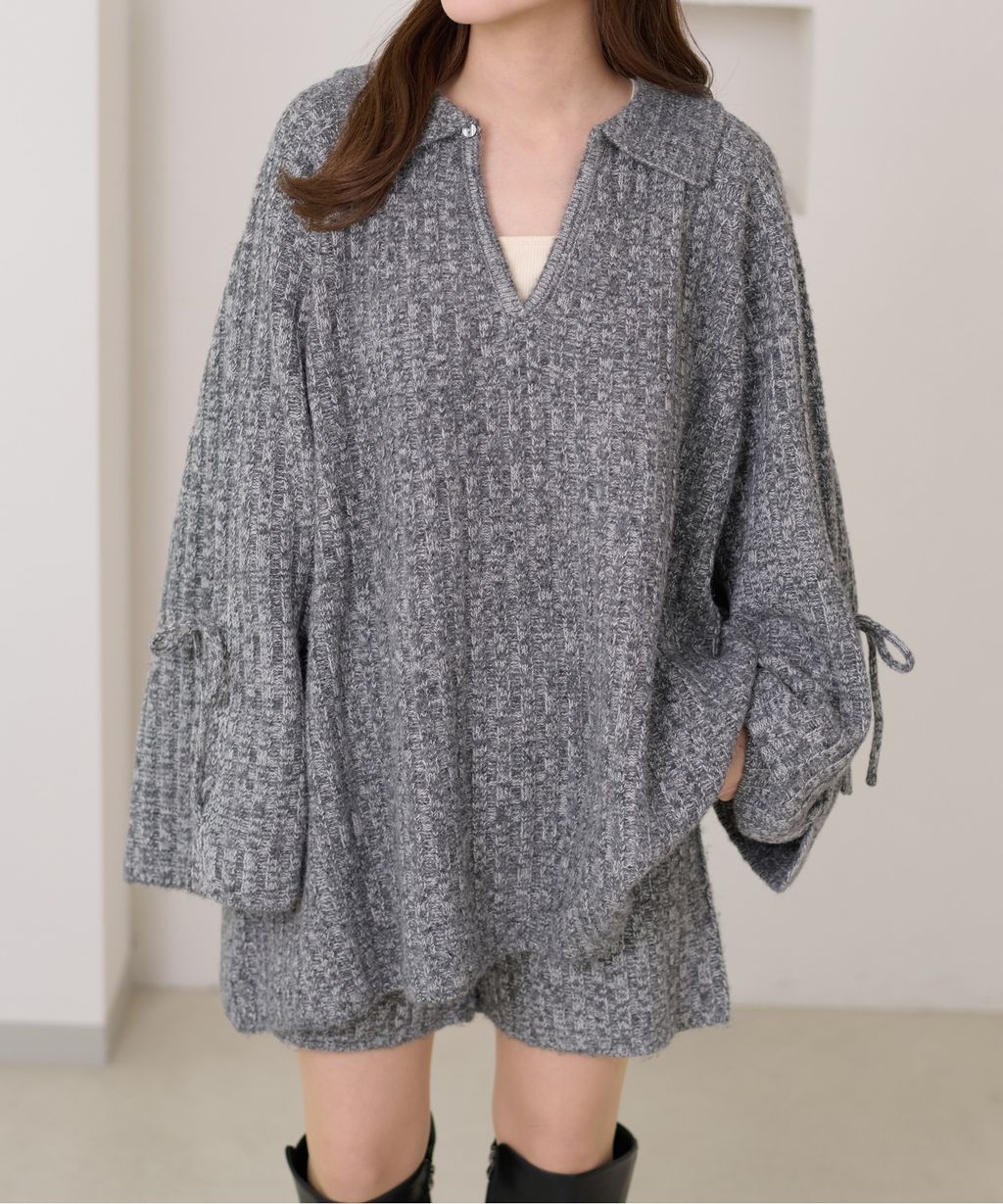 apres jour clair 袖口綁帶POLO領口紋理針織修身上衣_2