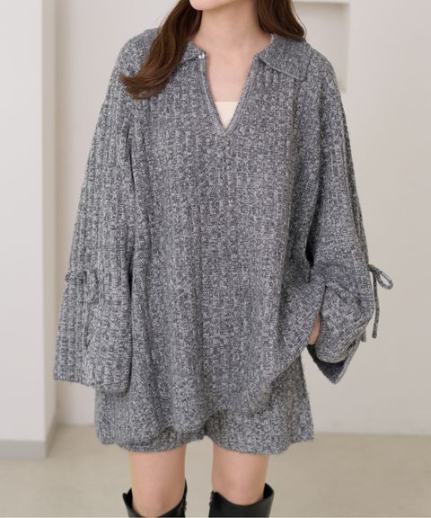 apres jour clair 袖口綁帶POLO領口紋理針織修身上衣_2