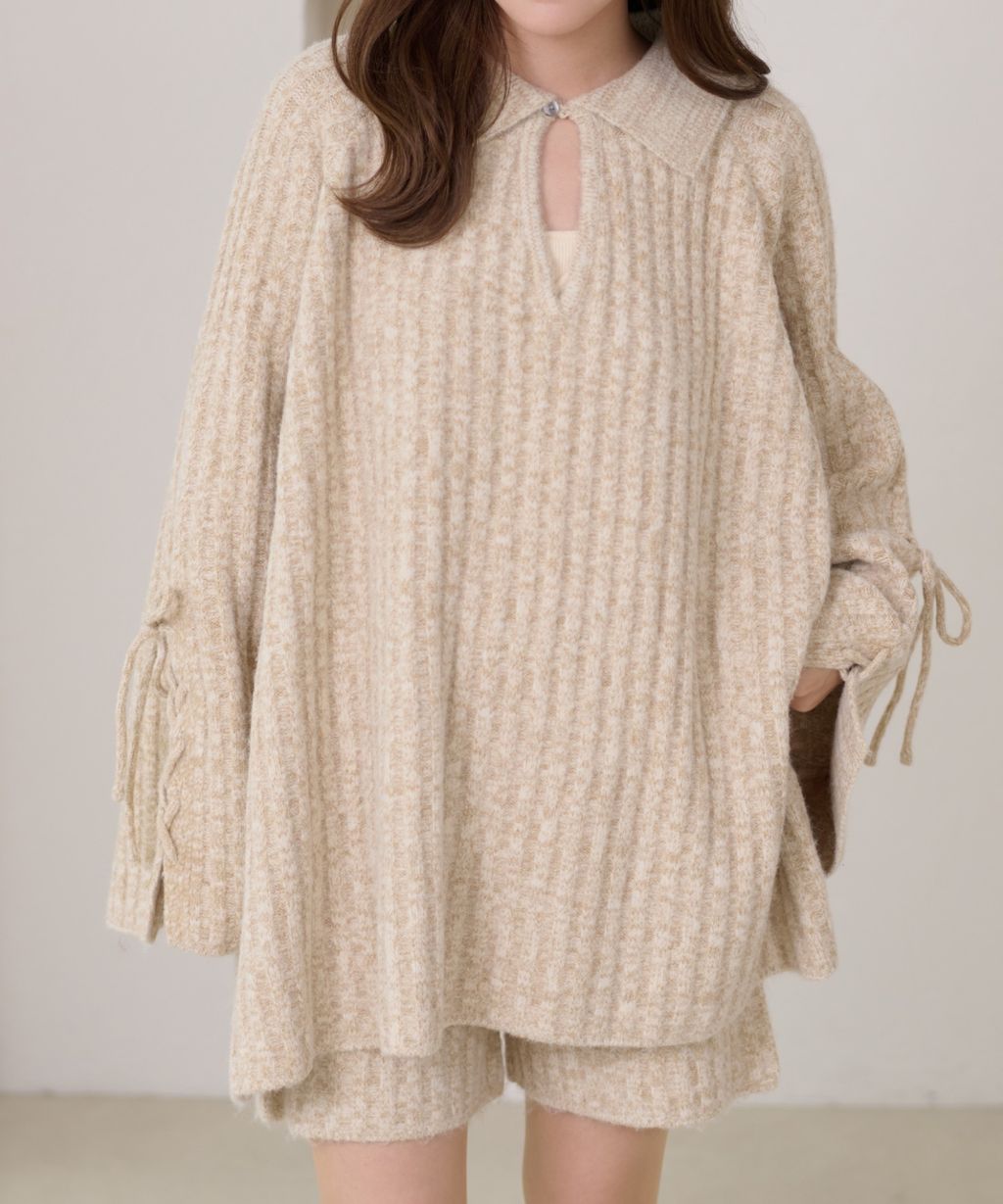 apres jour clair 袖口綁帶POLO領口紋理針織修身上衣_3