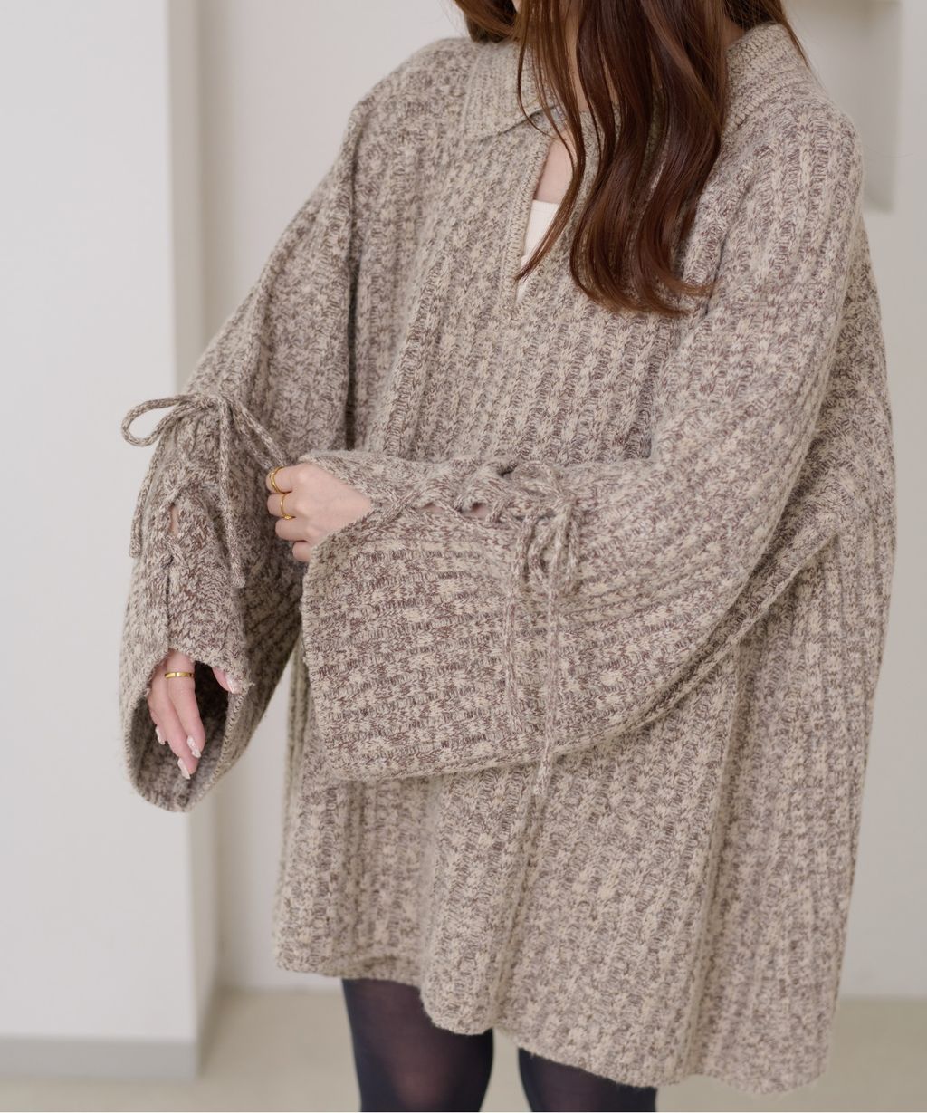 apres jour clair 袖口綁帶POLO領口紋理針織修身上衣_6