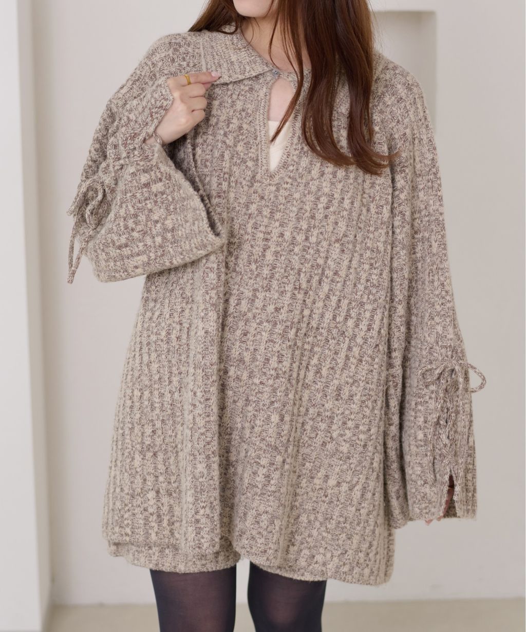 apres jour clair 袖口綁帶POLO領口紋理針織修身上衣_5