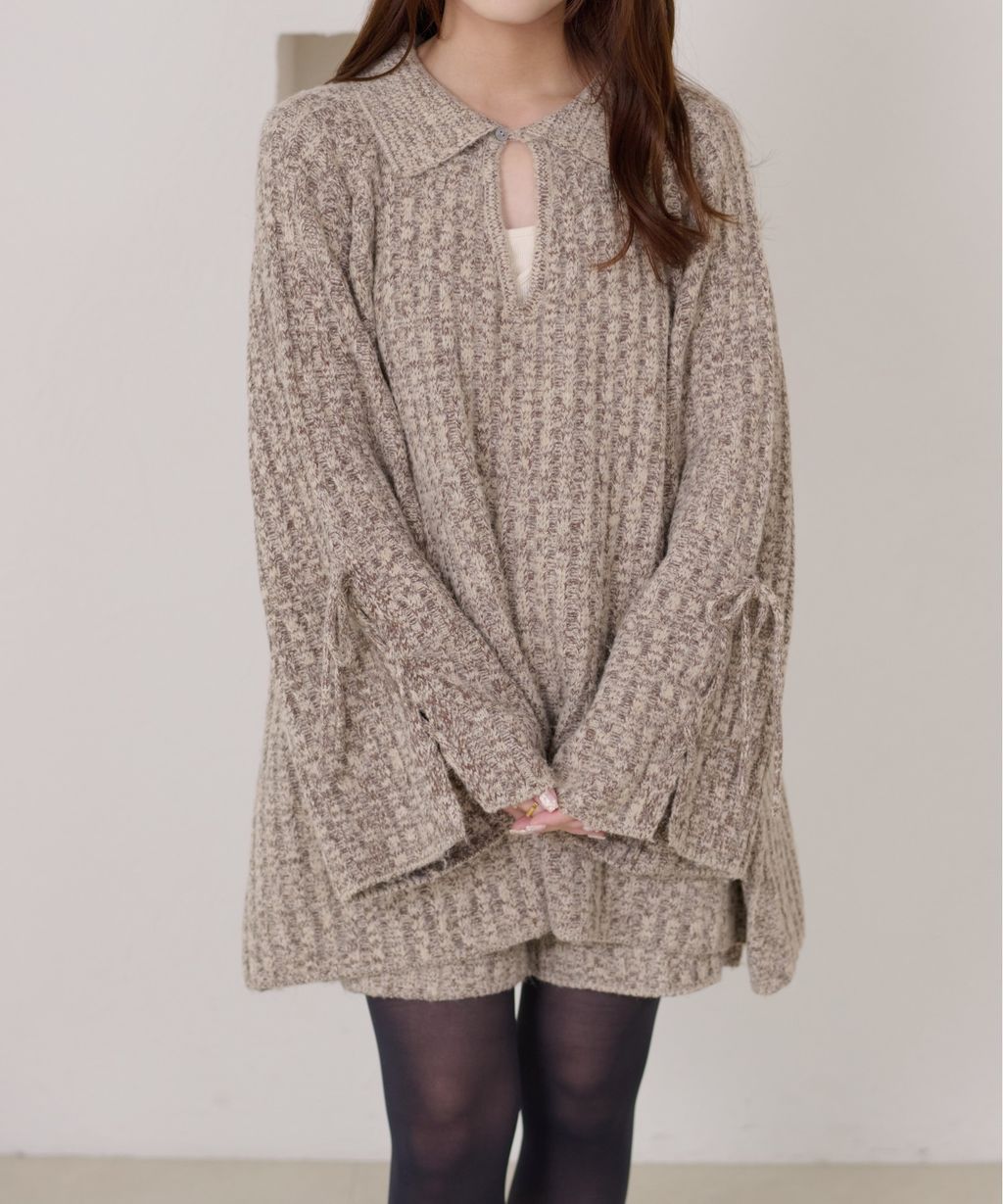 apres jour clair 袖口綁帶POLO領口紋理針織修身上衣_56