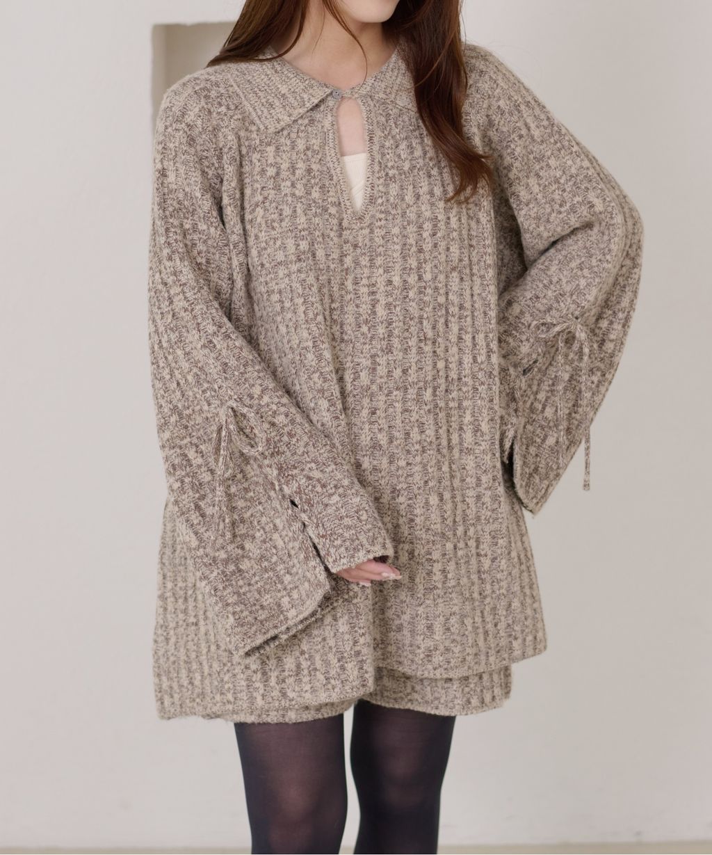 apres jour clair 袖口綁帶POLO領口紋理針織修身上衣_57