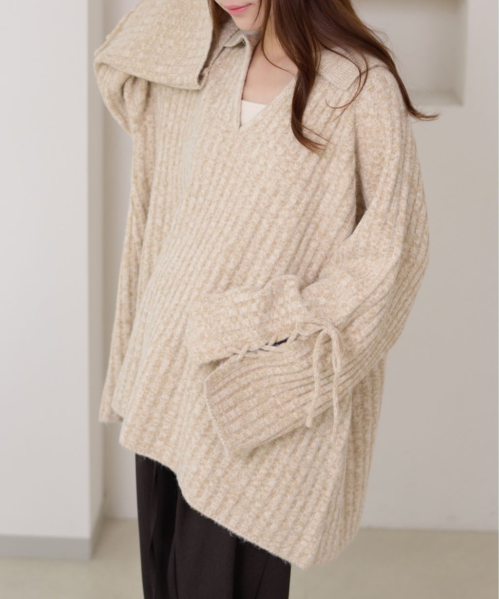 apres jour clair 袖口綁帶POLO領口紋理針織修身上衣_42