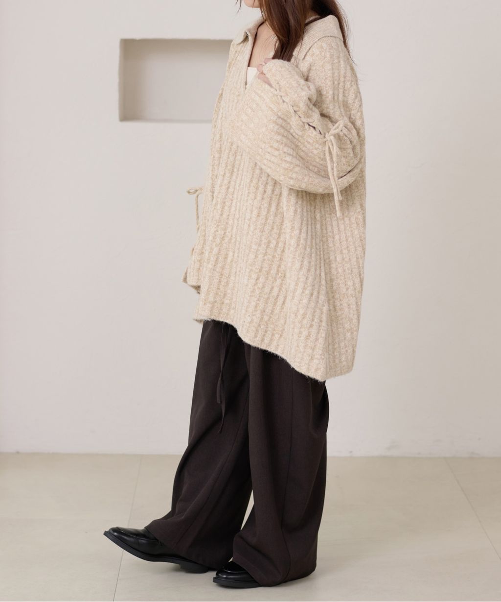 apres jour clair 袖口綁帶POLO領口紋理針織修身上衣_40