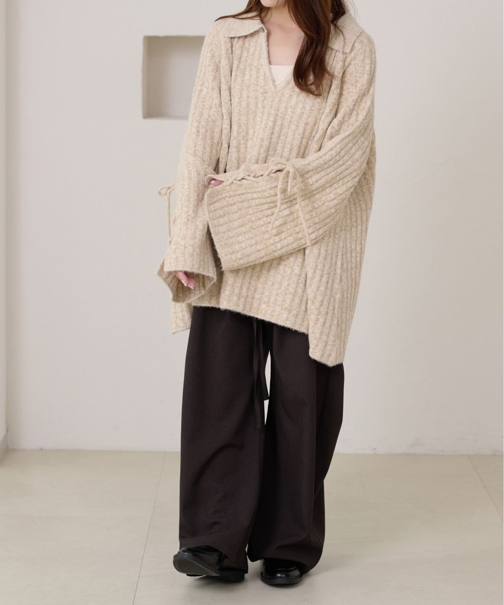 apres jour clair 袖口綁帶POLO領口紋理針織修身上衣_39