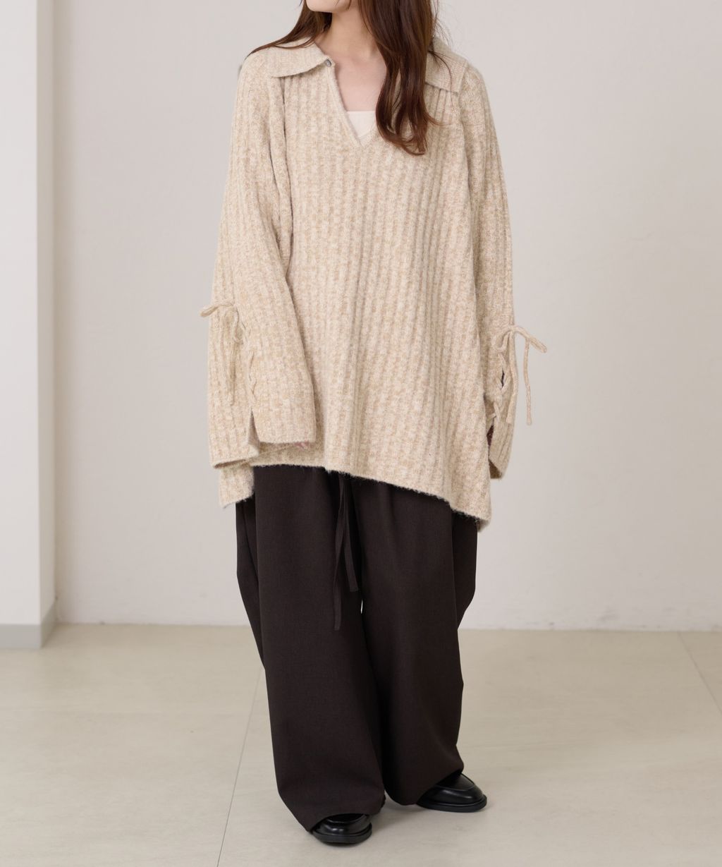 apres jour clair 袖口綁帶POLO領口紋理針織修身上衣_38