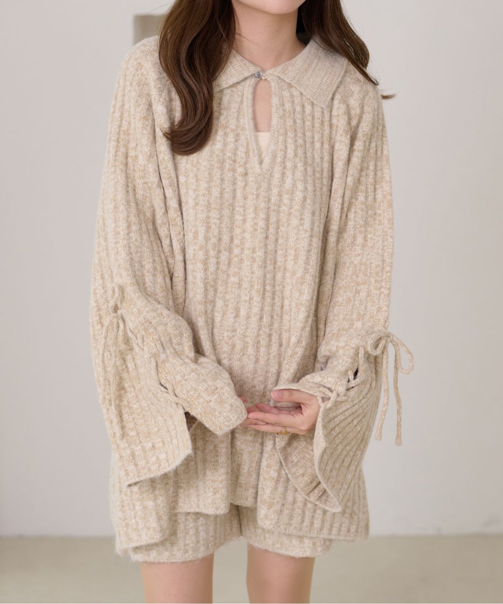 apres jour clair 袖口綁帶POLO領口紋理針織修身上衣_18