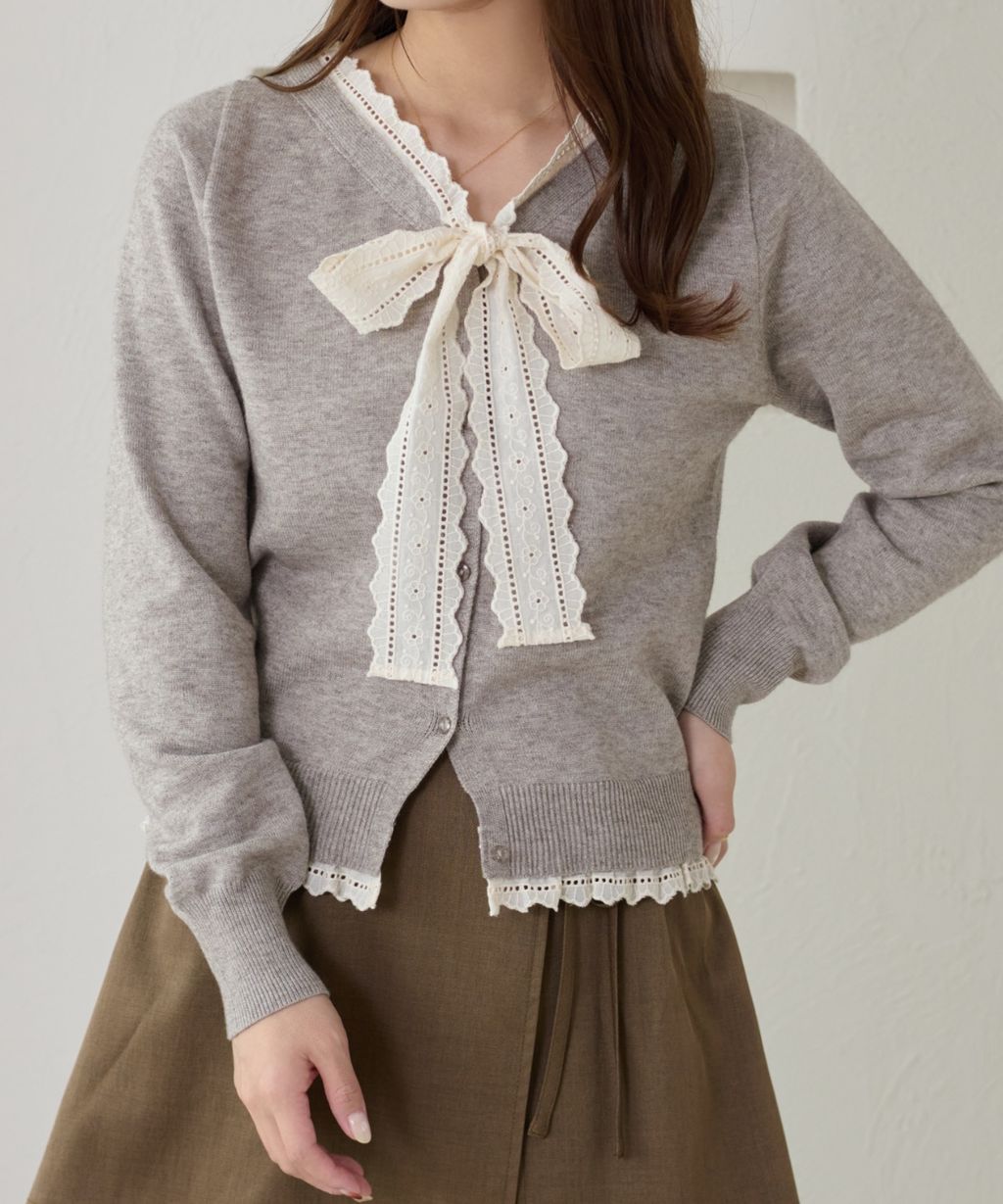 apres jour clair 蕾絲蝴蝶結拼接針織開襟衫_3