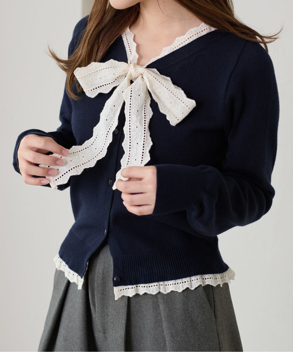 apres jour clair 蕾絲蝴蝶結拼接針織開襟衫_2