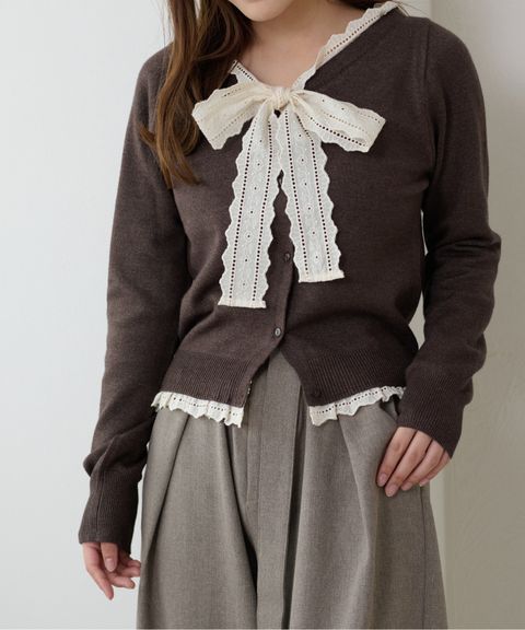 apres jour clair 蕾絲蝴蝶結拼接針織開襟衫_1