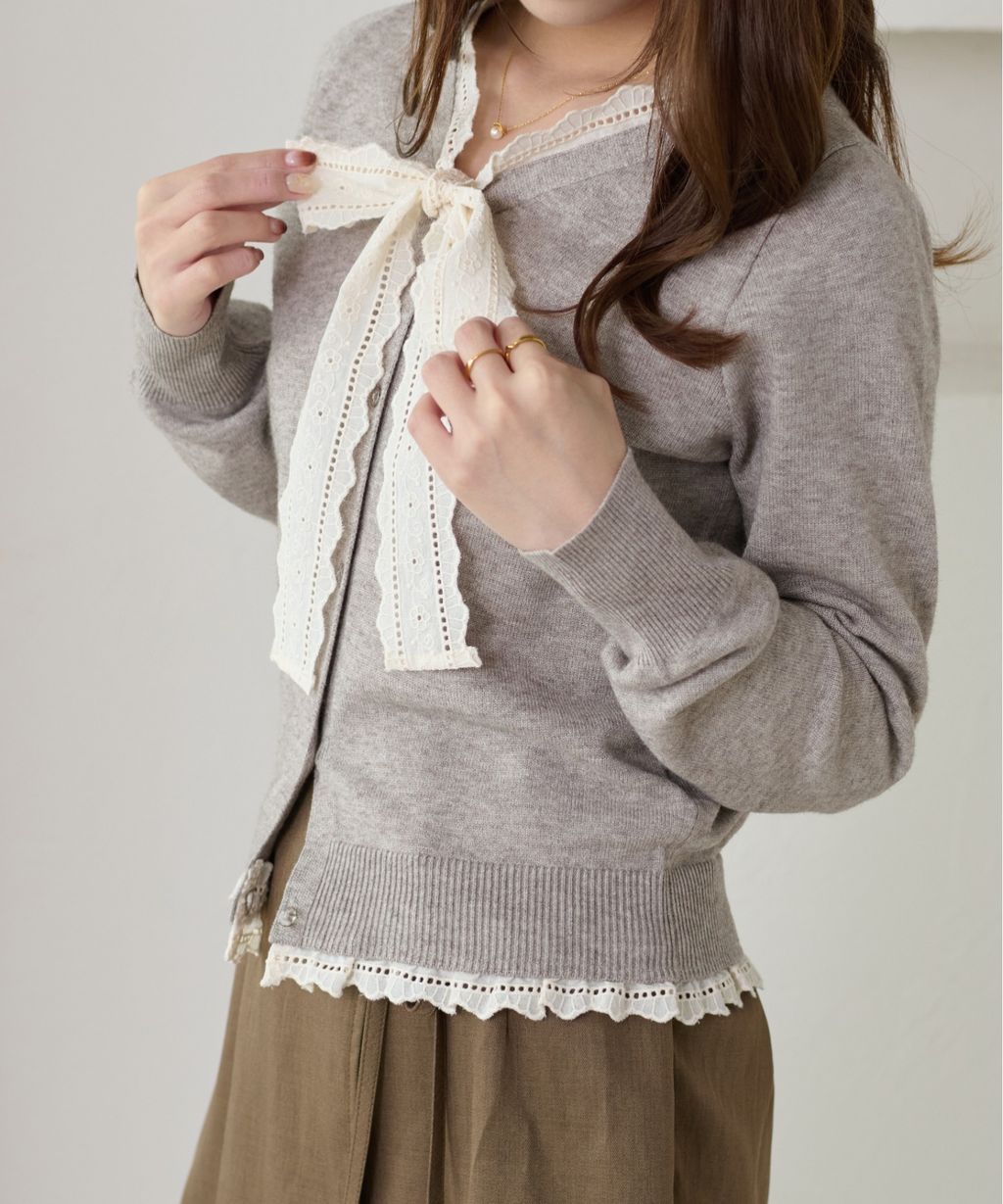apres jour clair 蕾絲蝴蝶結拼接針織開襟衫_10