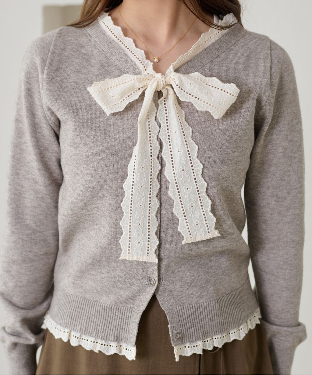 apres jour clair 蕾絲蝴蝶結拼接針織開襟衫_15