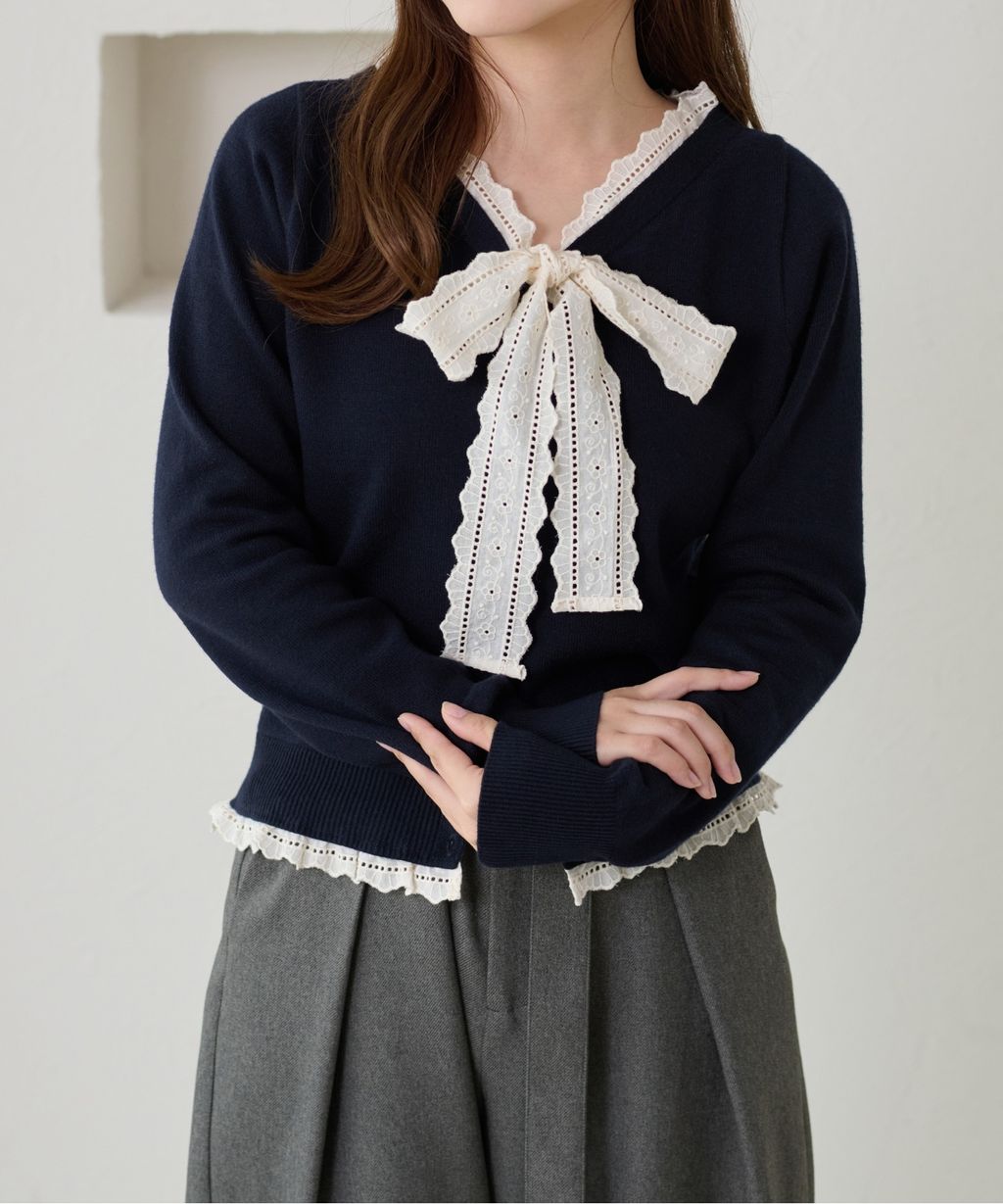 apres jour clair 蕾絲蝴蝶結拼接針織開襟衫_24