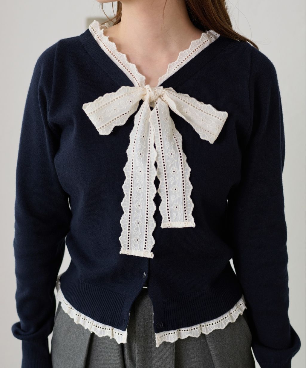 apres jour clair 蕾絲蝴蝶結拼接針織開襟衫_26