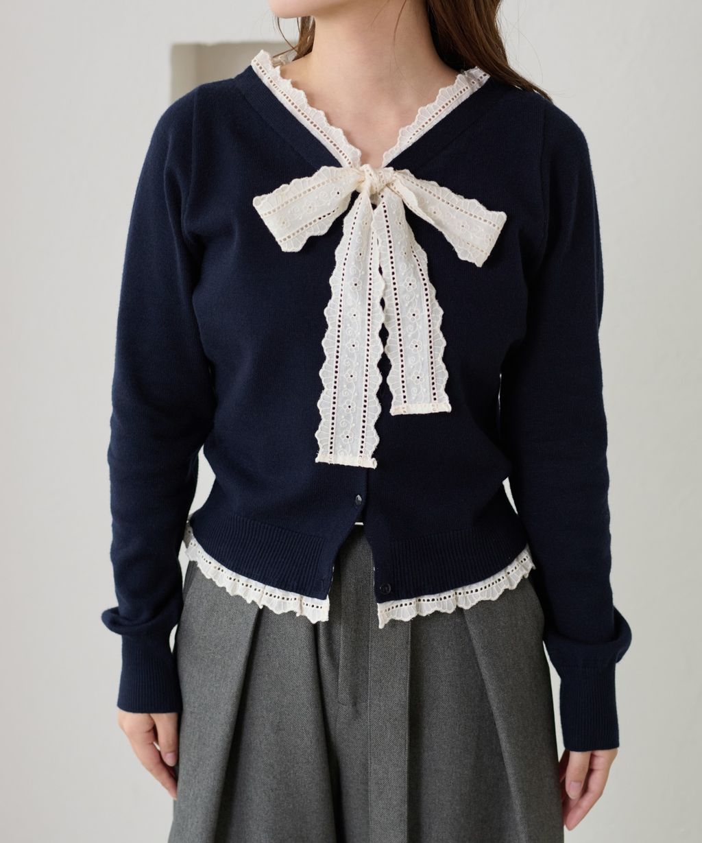 apres jour clair 蕾絲蝴蝶結拼接針織開襟衫_25