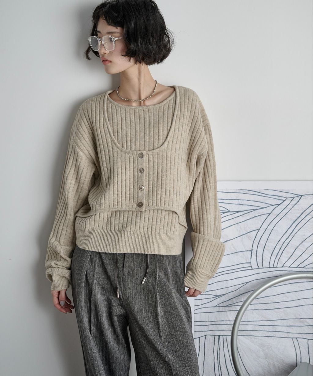 THE YOn 假兩件馬甲拼接羅紋編織親膚針織上衣_6