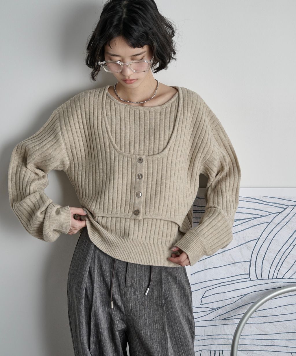 THE YOn 假兩件馬甲拼接羅紋編織親膚針織上衣_5