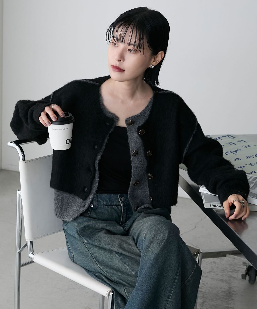 forksy. 假兩件短版落肩針織開襟外套_58