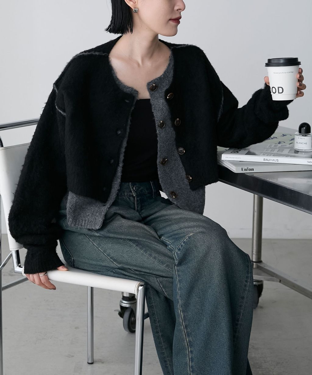 forksy. 假兩件短版落肩針織開襟外套_59