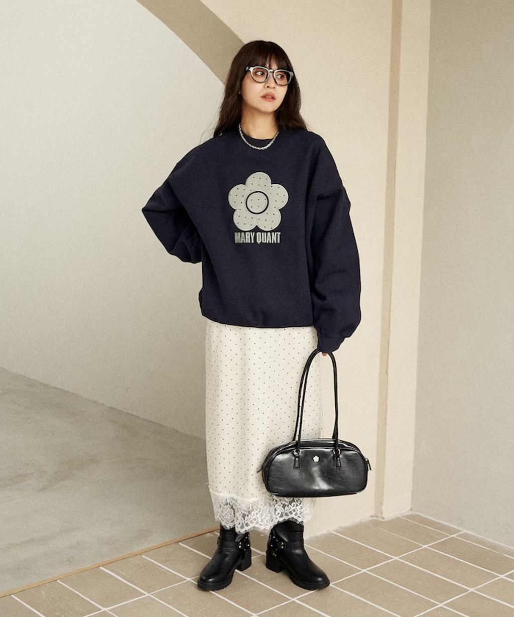 MARY QUANT 經典雛菊圓點布料拼接Oversize大學T_48