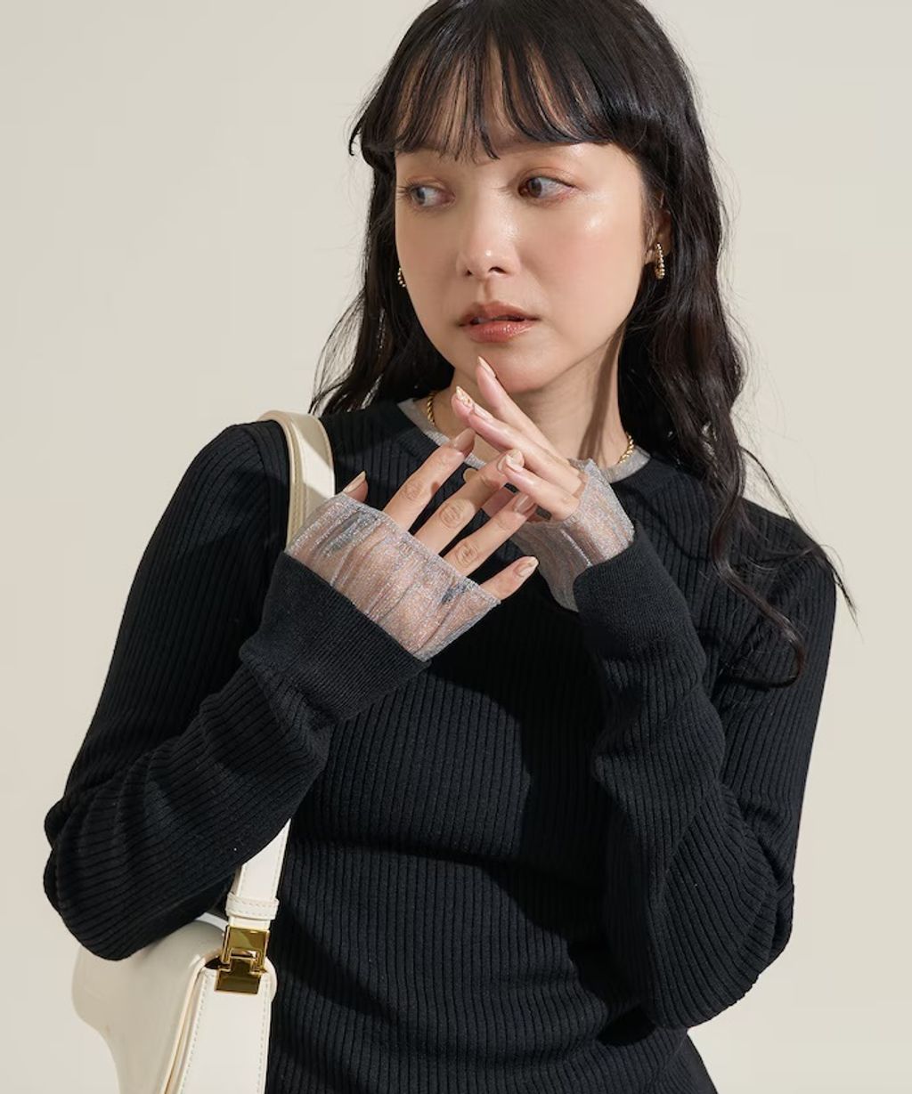 FREAKS STORE 假兩件薄紗內搭拼接羅紋薄針織上衣_5