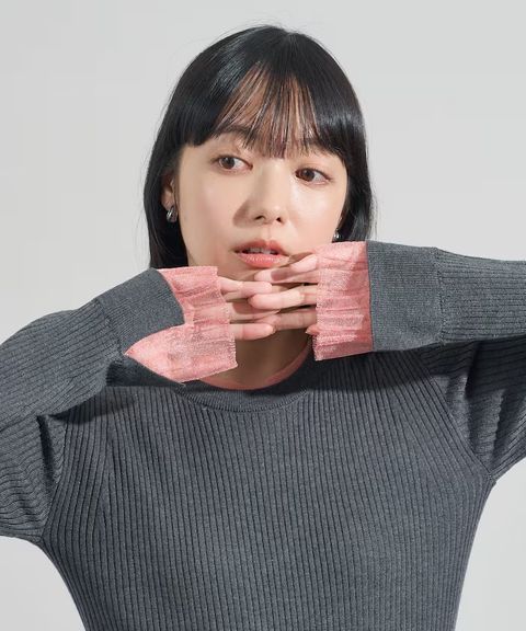 FREAKS STORE 假兩件薄紗內搭拼接羅紋薄針織上衣_4