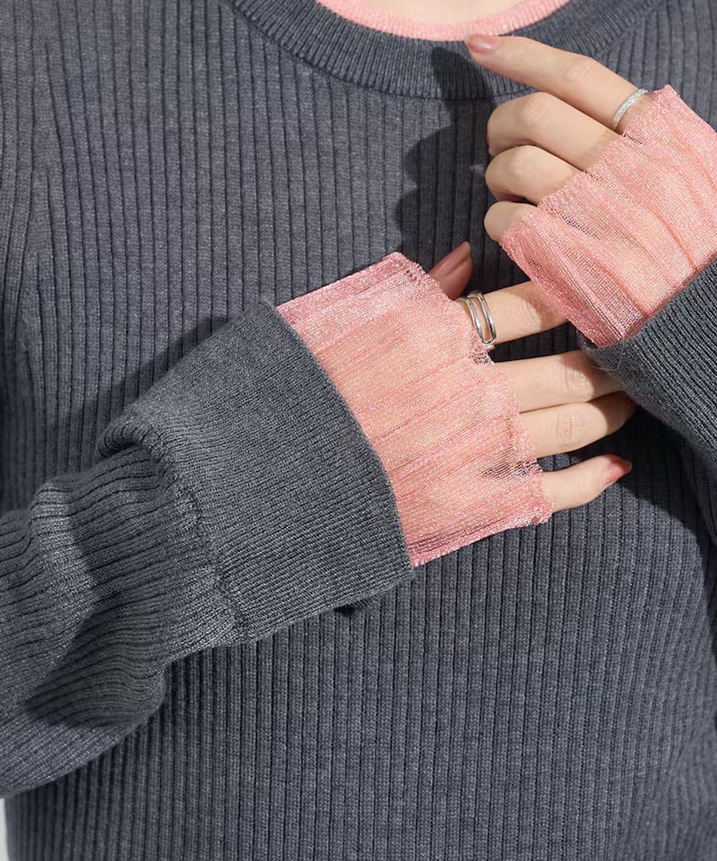 FREAKS STORE 假兩件薄紗內搭拼接羅紋薄針織上衣_52