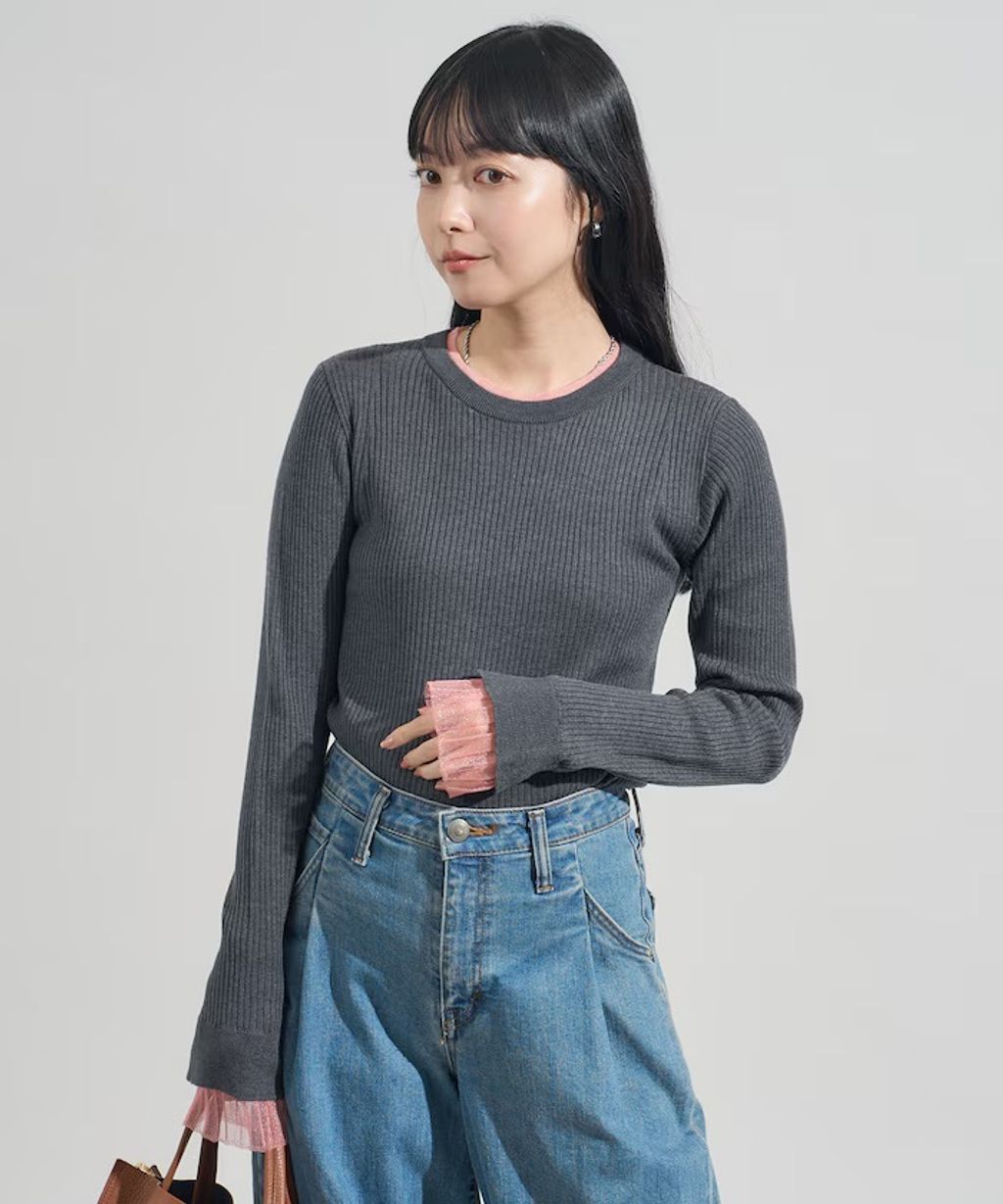 FREAKS STORE 假兩件薄紗內搭拼接羅紋薄針織上衣_42