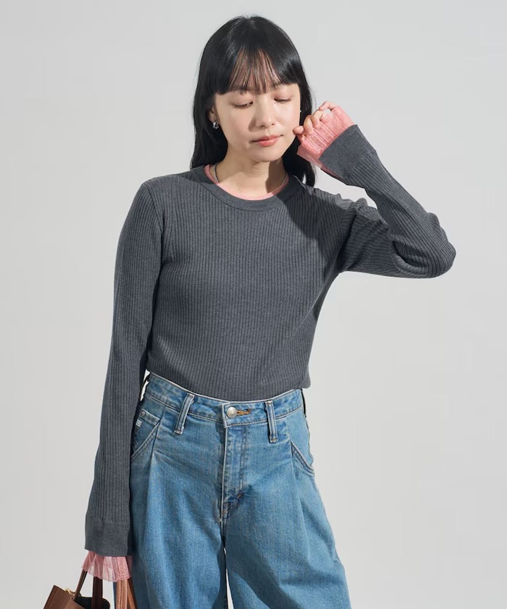 FREAKS STORE 假兩件薄紗內搭拼接羅紋薄針織上衣_44