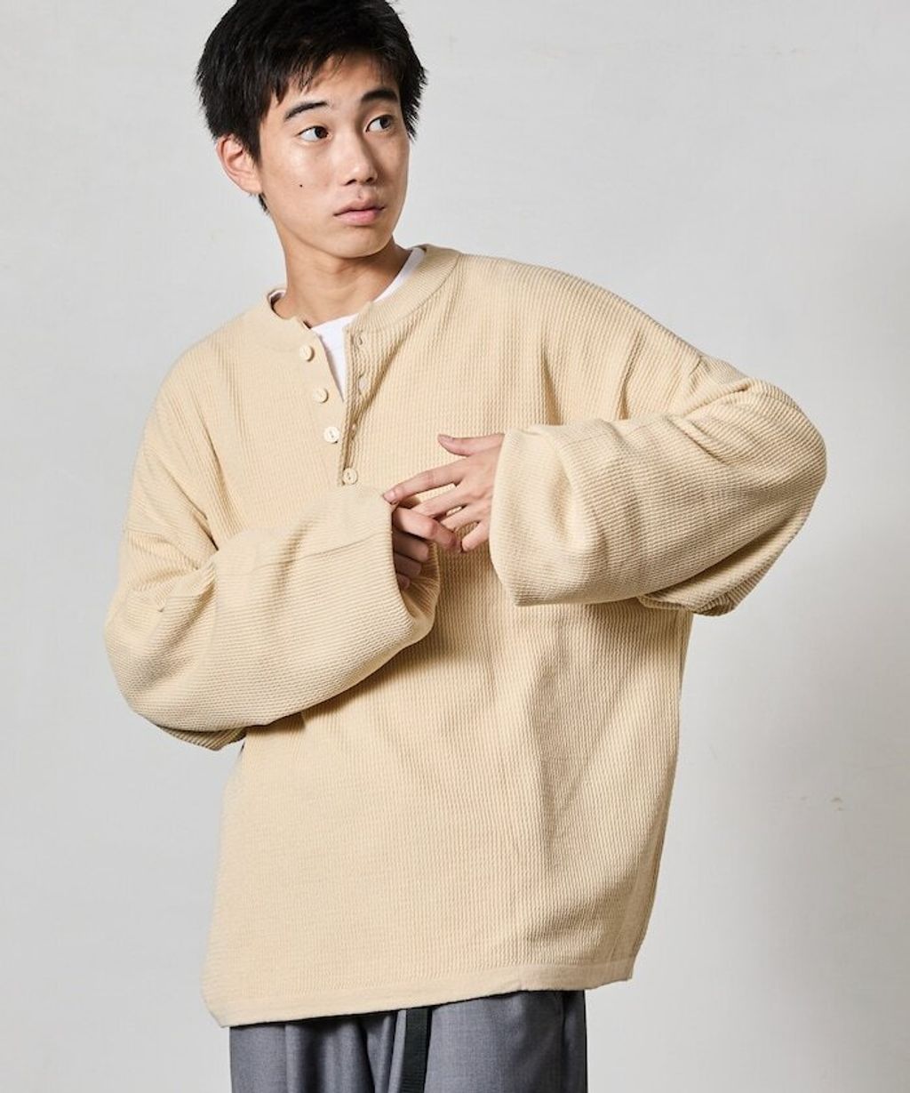 FREAKS STORE 寬版深亨利領落肩混紡針織上衣_3