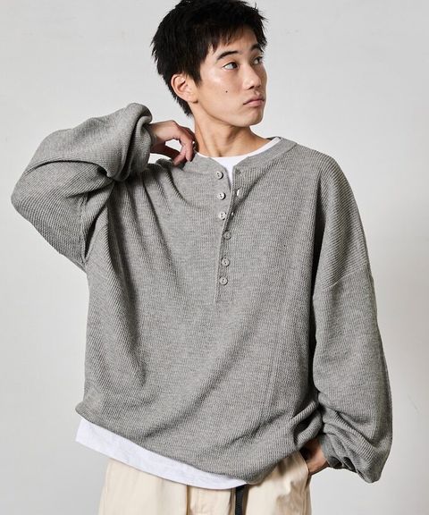 FREAKS STORE 寬版深亨利領落肩混紡針織上衣_1